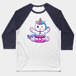 Cute Unicorn With Birthday Cake Cartoon Baseball T-Shirt